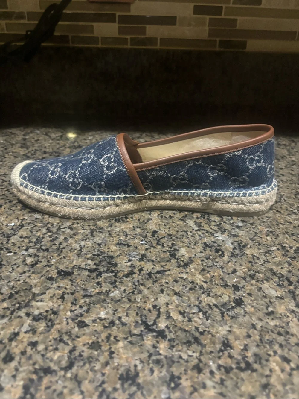 Gucci Denim Logo Espadrilles with Brown leather Trim